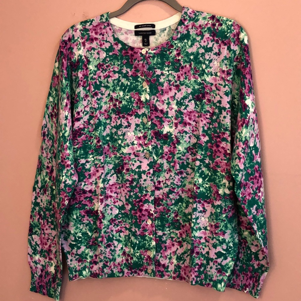 NWOT Lands' End Supima Cotton Floral Cardigan Size XL (18) Purple & Green